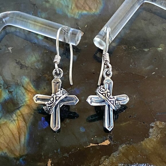 Sterling Silver 925 Petite Dainty Cross & Crown Dangle Drop Earrings - Picture 7 of 16
